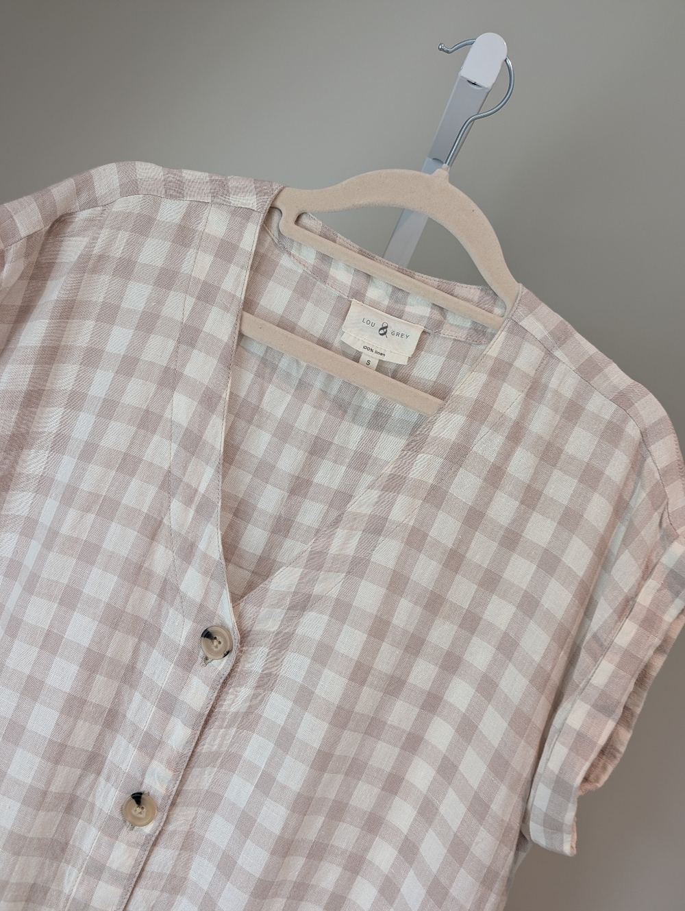 Lou & Grey Gingham Linen Shift Dress Cap Sleeves Casual Summer Cream Brown Small - Picture 3 of 13